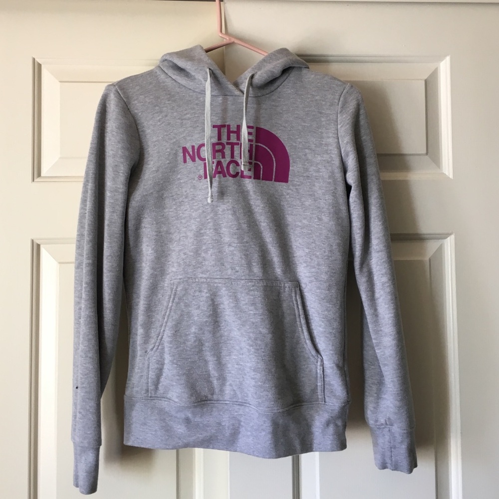 The North Face Gray Hoodie with Purple Logo